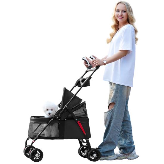 4 Wielen Hondenbuggy Opvouwbare Reis Hond Jogging Buggy met Verstelbaar Handvat Ademend En Zichtbaar Gaas Bekerhouder voor Honden Katten Tot 10kg