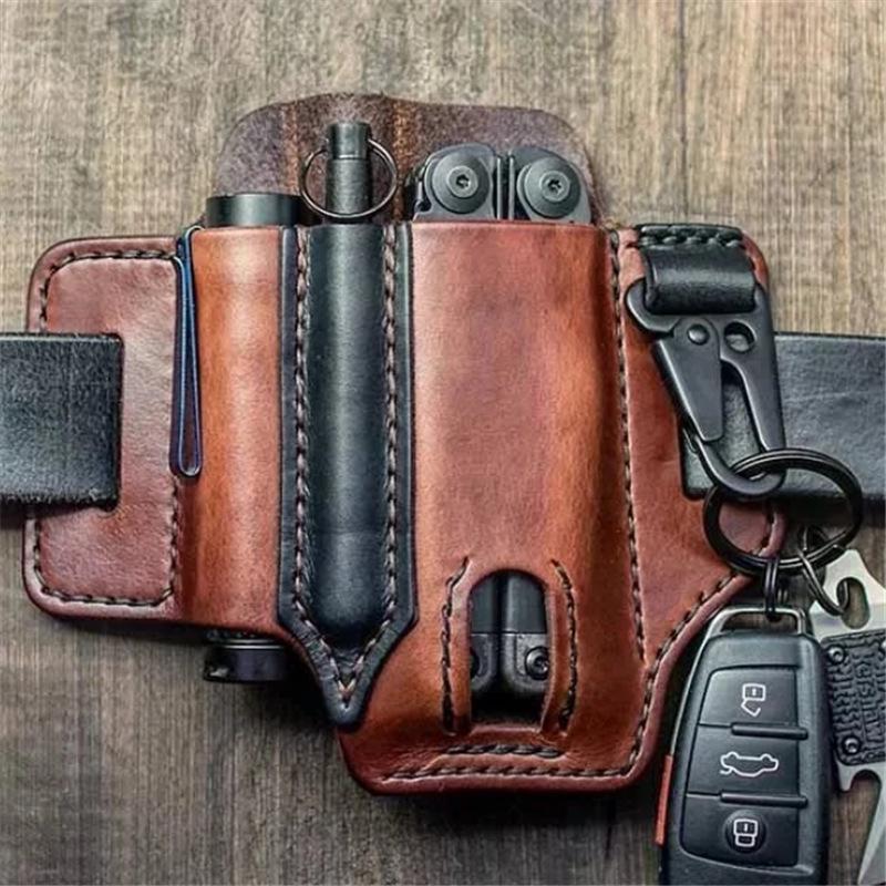 Multifunctional Outdoor Waist Bag with Flashlight & Knife Sheaths, Tool Clip, Leather Wilderness Storage Case.