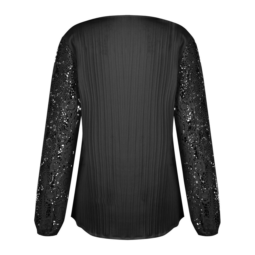 Damska luźna, koronkowa, patchworkowa, z długim rękawem i dekoltem w serek, casualowa koszulka