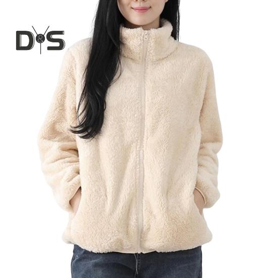 Women Winter Coat Thick Plush Stand Collar Neck Protection Keep Warm Long Sleeves with Pockets Outdoor Commuting Jacket