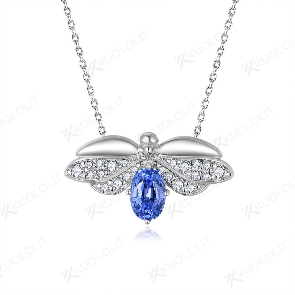 

Kuololit Lab Blue Sapphire Moissanite Bee Necklace for Women Solid White Gold Oval Pendant for Christmas