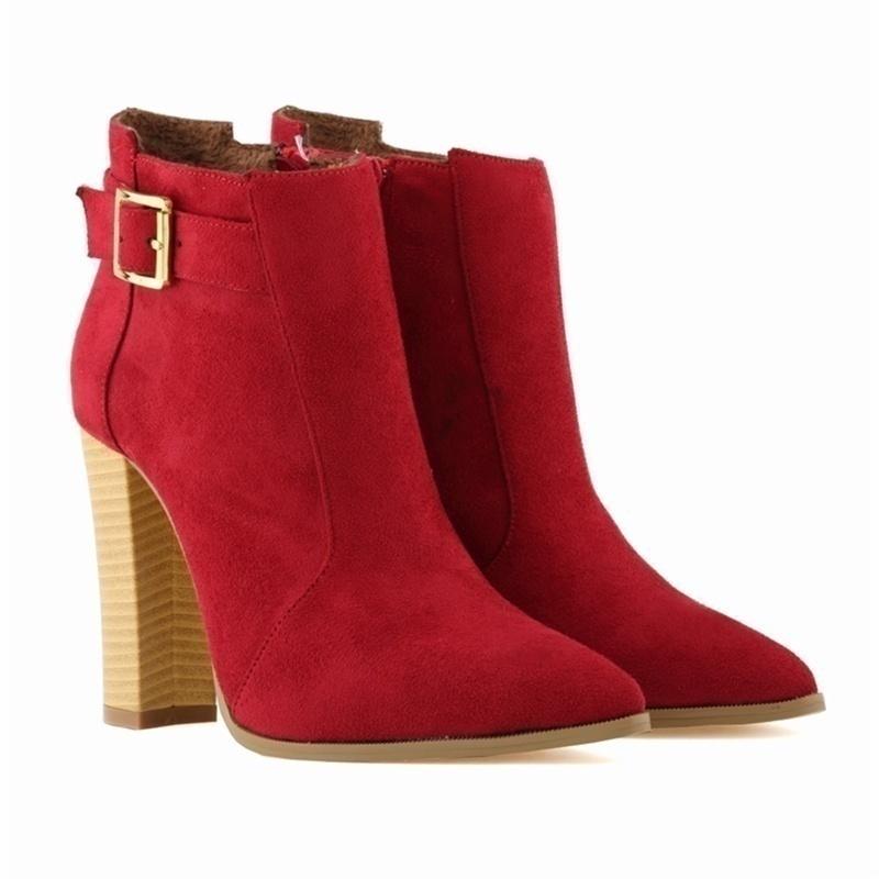 Women Ankle Boots Fashion Winter Boots Flock Thick Heels Shoes High Heels Zippers Pointed Toe Ladies Elegant Ankle Boot Big Size