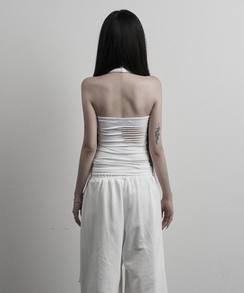 URBANUNIQUE LABEL Hand-Cut Damaged Halterneck Sleeveless (White)
