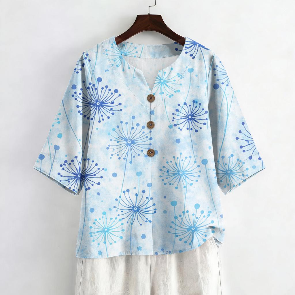 Dames Zomer Mode V-hals 3/4 Mouw Blouse Casual Losse Pasvorm Bloemenprint Top