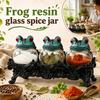 Resin Frog Design Glass Spice Jars Set with Decorative European Style Holder for Kitchen Storage and Home Ornament Gift