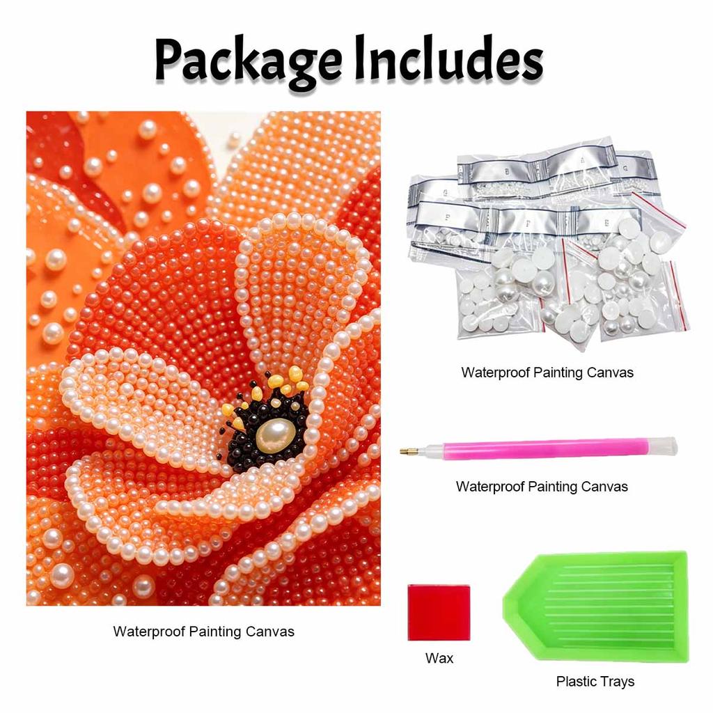 Elegant Framed Pearl Art DIY Set with Vibrant Orange Poppy Flower 5D Sparkling Bead Canvas Painting Ready to Display Romantic Home Decor Gift