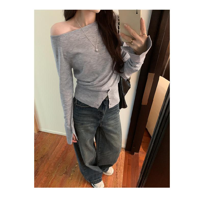 2026 Early Spring Women's Off-Shoulder Knit Sweater, Slim Fit Outerwear, Base Shirt, High-End Sweater