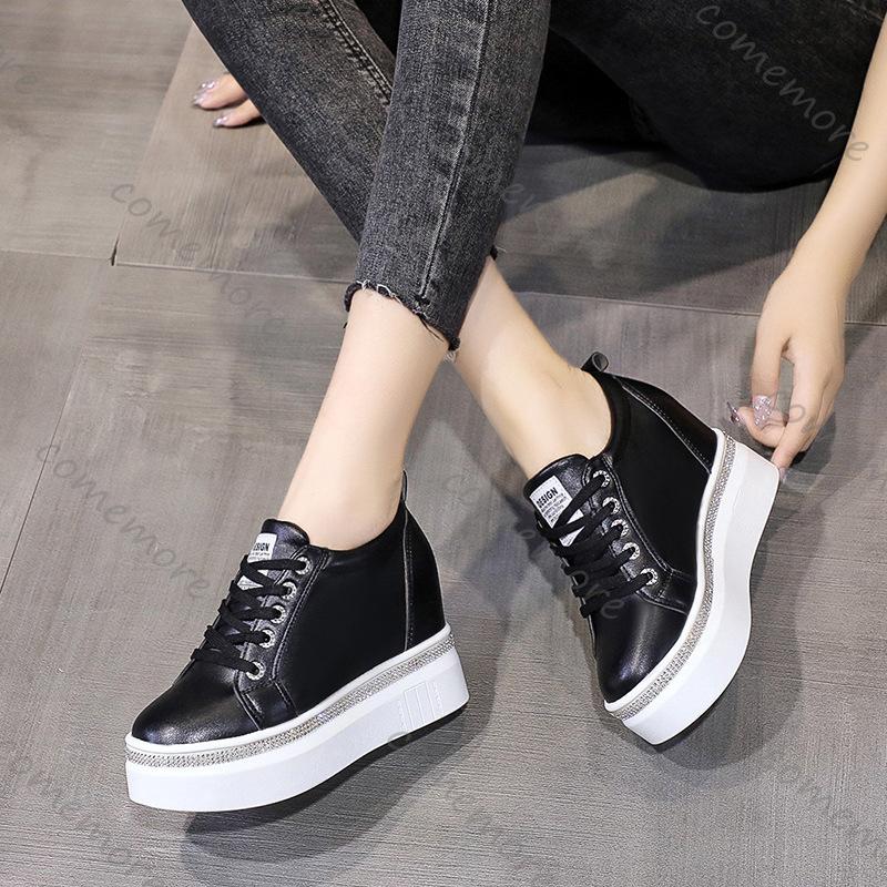 Comemore Internal High Vulcanised Shoes Women Spring Autumn Thick Bottom Casual Single Shoes Lace Up Black White Sneakers Women
