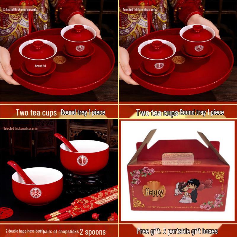 Wedding Tea Set: Red Cups, Lids, Bowls & Chopsticks for Celebrations