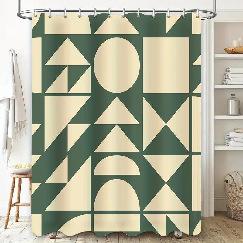 Modern Geometric Shapes Rectangular Shower Curtain for Bathroom Decor Green Cream Abstract Design In Various Sizes