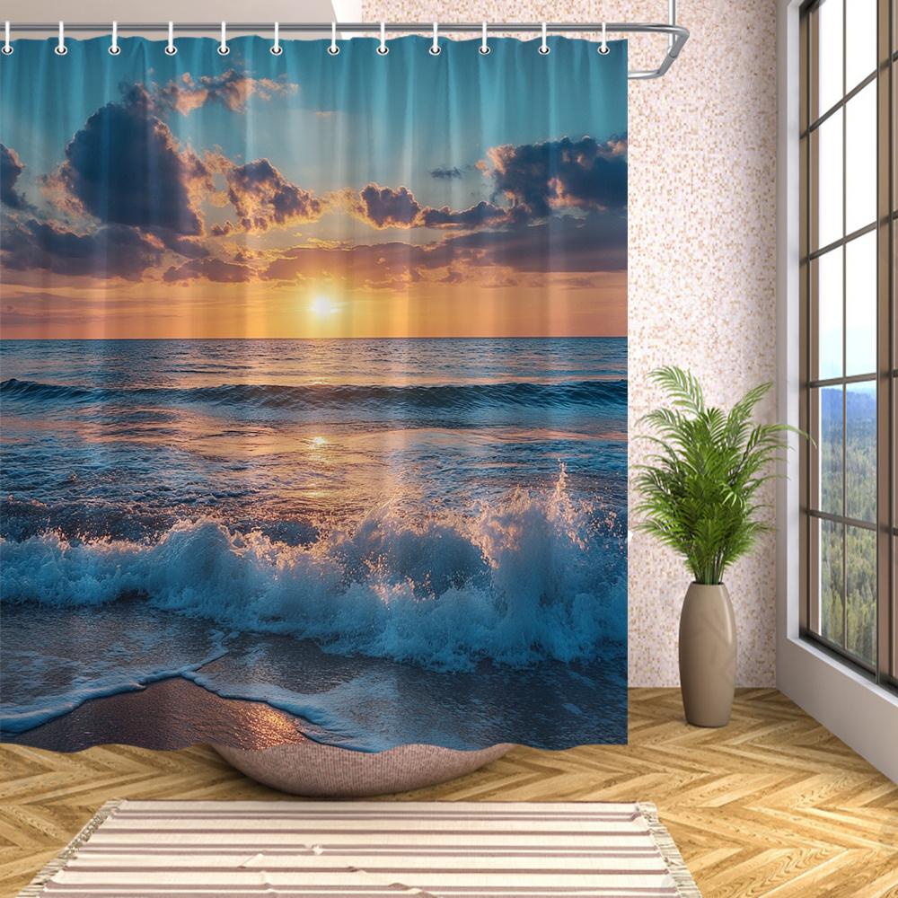 Tropical Sunset Beach Shower Curtain-Shoreline Print Including 12 Hooks-Ideal For Bathroom Decorative Shower Curtain