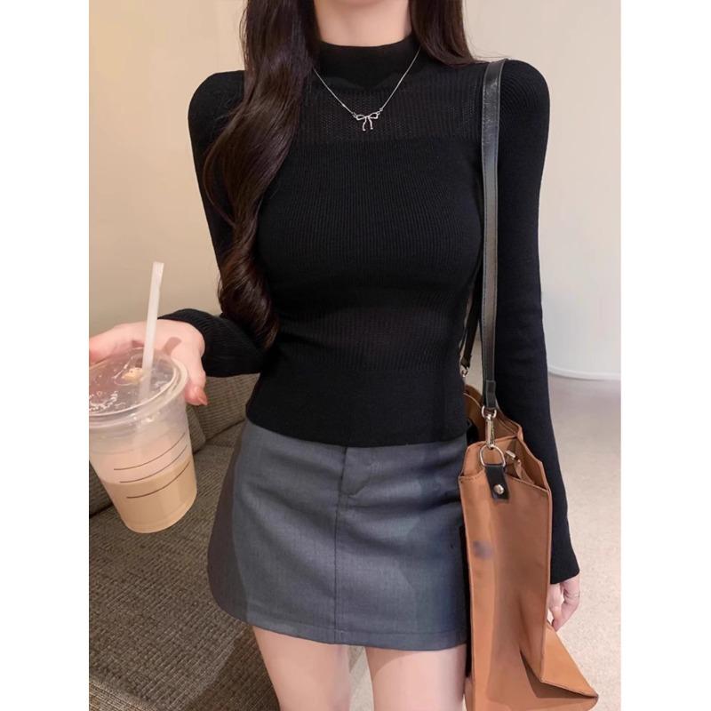 Semi-turtleneck Hollow Sweater Knitted Sweater Women's Autumn and Winter New Design Sense Niche Unique Spice Girl Top Bottoming Shirt