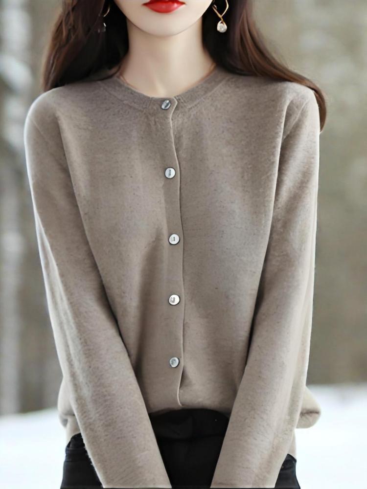 Knitted cardigan, round neck sweater, women's long-sleeved solid color all-match jacket, women's clothing