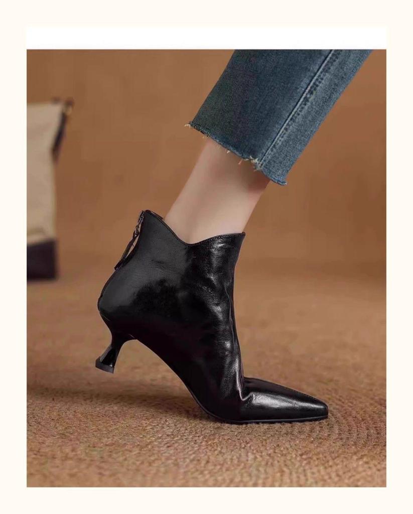 Women's V-Cut Stiletto Heel Ankle Boots, Pointed Toe, Fleece-Lined, Back Zipper - 2025 Autumn/Winter Collection.