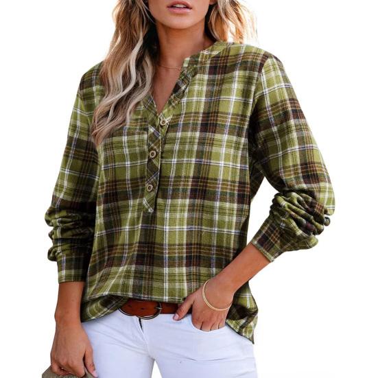 

Жіноча сорочка з V-подібним вирізом, на ґудзиках, з напівпланкою, з довгим рукавом, пуловер, топ, клітчастий візерунок, повсякденний, класичний крій, офісна сорочка для леді S зелений