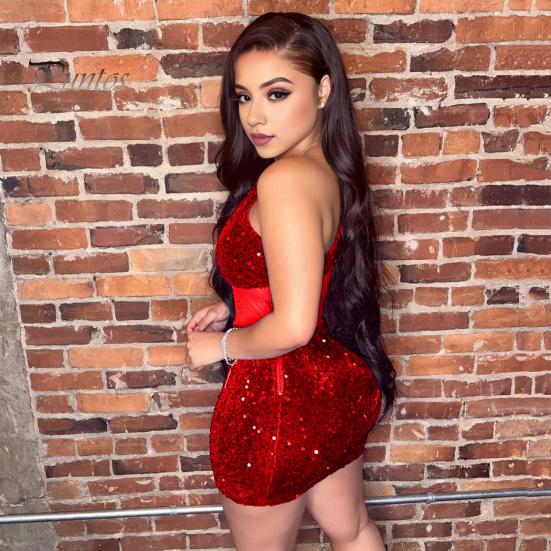 One Shoulder Mini Dress Women Shiny Sequin See-through Mesh Patchwork Slant Neck Sleeveless Cocktail Party Short Backless Sheath Slim Fit Club