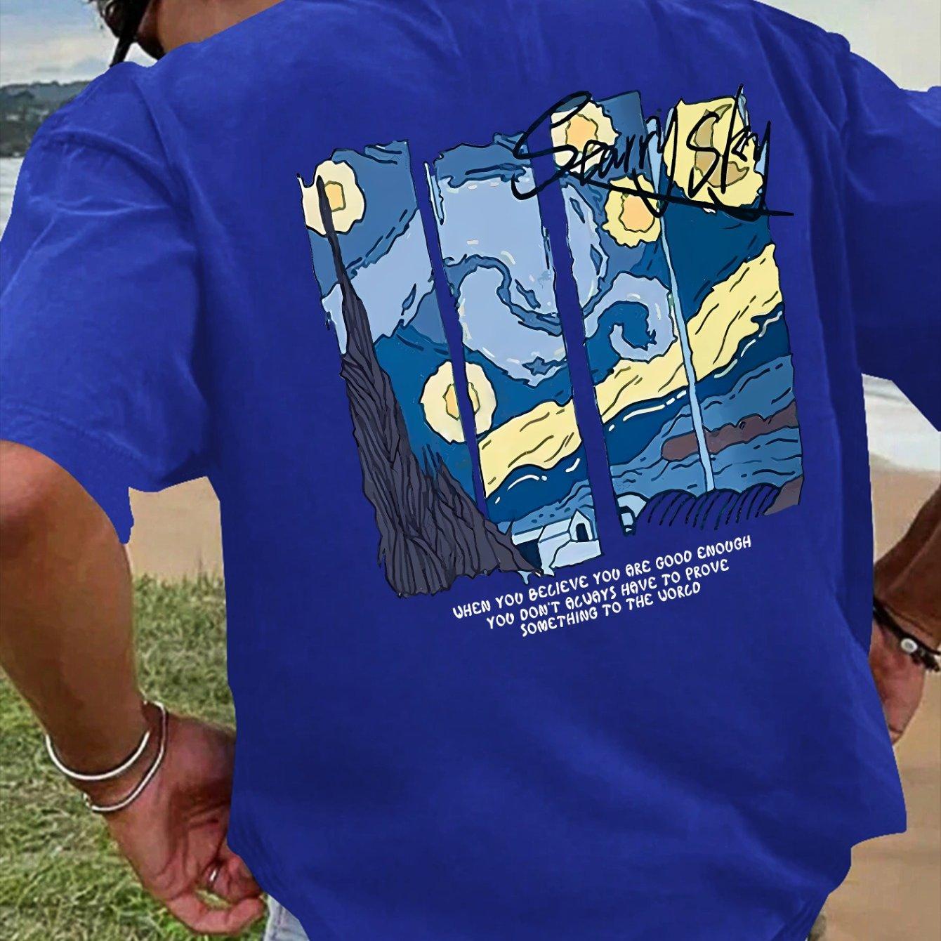 

Men s summer 100 cotton fashionable casual loose sports oil painting pattern printed round neck short sleeved T-shirt top S