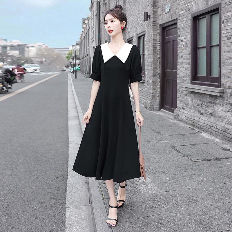 Women s Contrast Bow Lapel Mid-length Dress XL