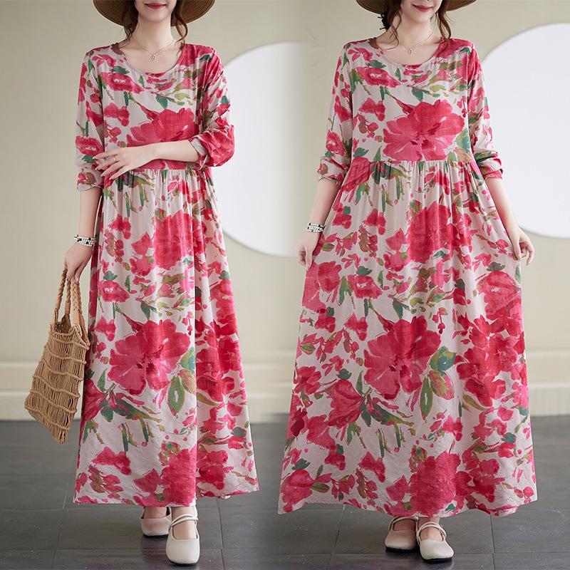 Dress A Variety of Color Holiday Style Travel Round Neck Vintage Flesh-covered Cotton Hemp Long Dress