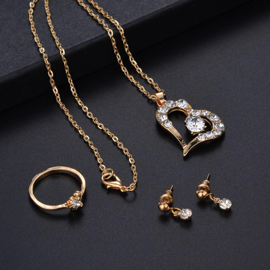 Heart-Shaped Rhinestone Necklace, Earrings, and Ring Set: European & American Fashion Jewelry