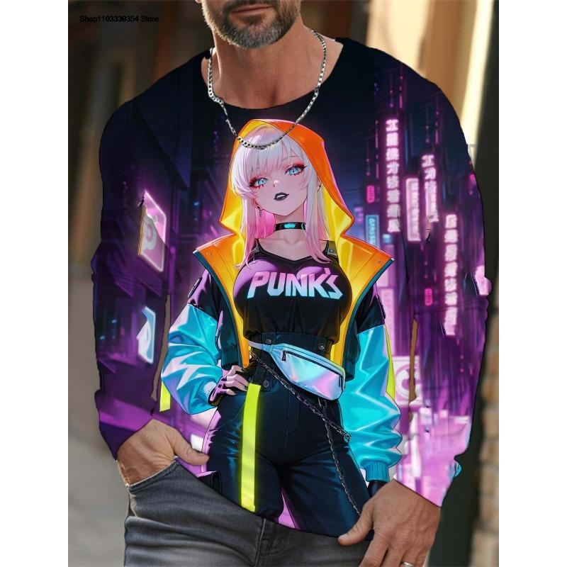 Cartoon Sexy Girl Pattern Men's Long Sleeve T-Shirt 3d Printed Oversized T Shirts For Men Personality Girl Harajuku Clothing Tops