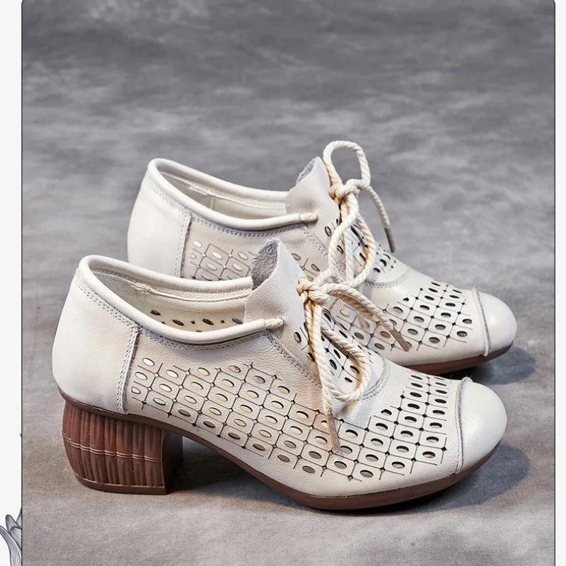 Johnature Retro Women's Shoes Genuine Leather Hollow-out Breathable Soft Sole Thick Heel Sandals