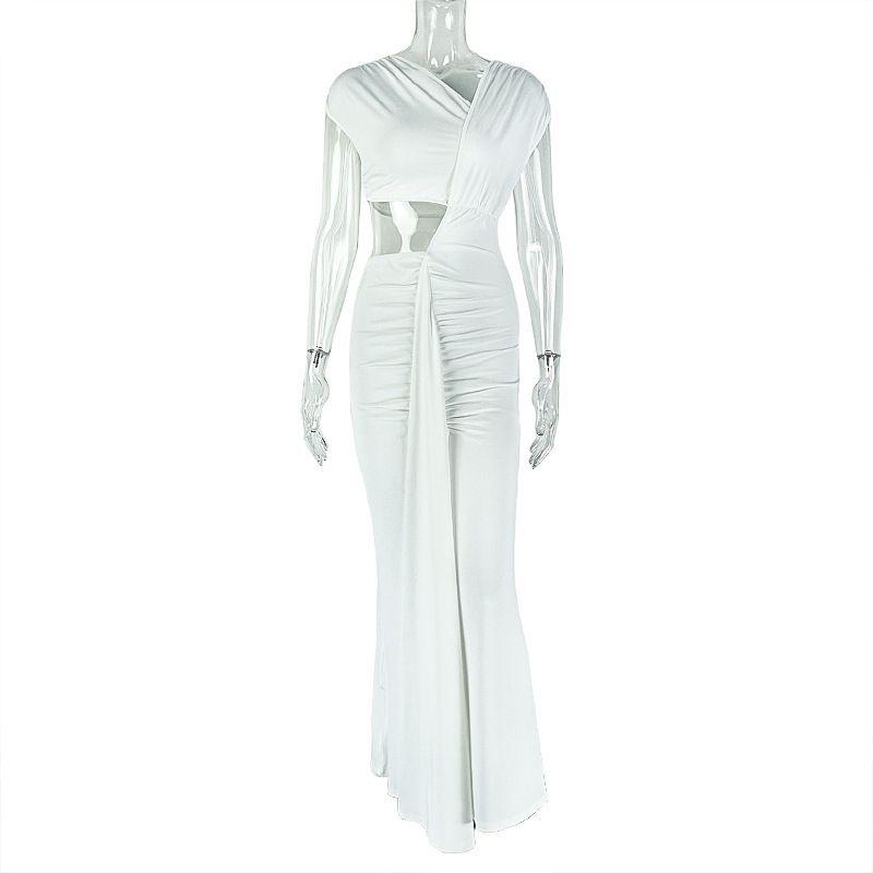 

Fashion Style Elegant Women s Hip Asymmetric One-Step Skirt Oblique V Neck Pure Color Long Dress White S