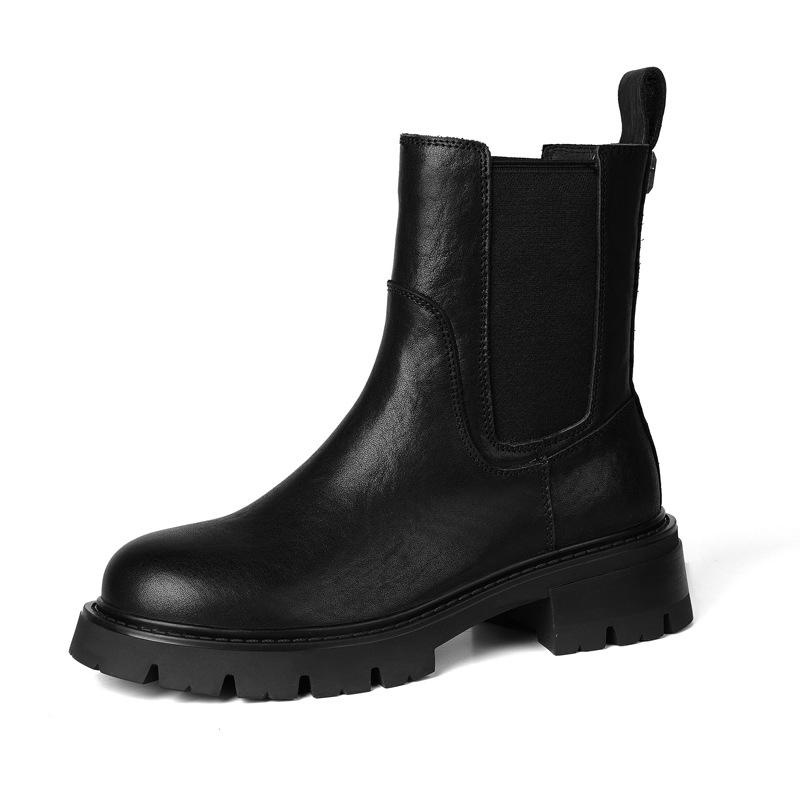 

осенне-зимние женские кожаные ботинки из коровьей кожи, модные женские ботинки средней высоты, универсальные, с темпераментом, легкая роскошь, высокие каблуки, женская обувь 35 чёрный