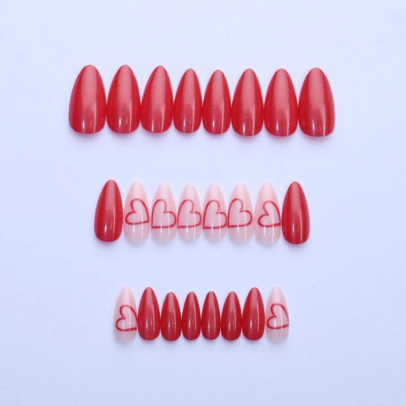 Almond wearing nail red glitter pearlescent love solid color simple high-end nail nail piece