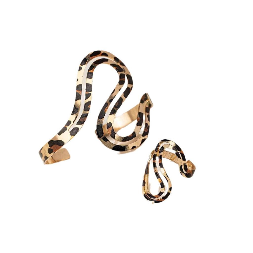 Double S Shape Leopard Print Hollow Shape Bracelet Ring Set Summer Snake Shape Opening Adjustment