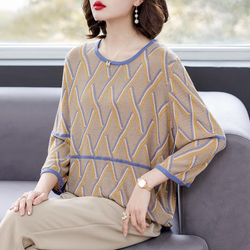 

Middle-Aged Women s Striped Knitted Seven-Quarter Sleeve Top 2XL