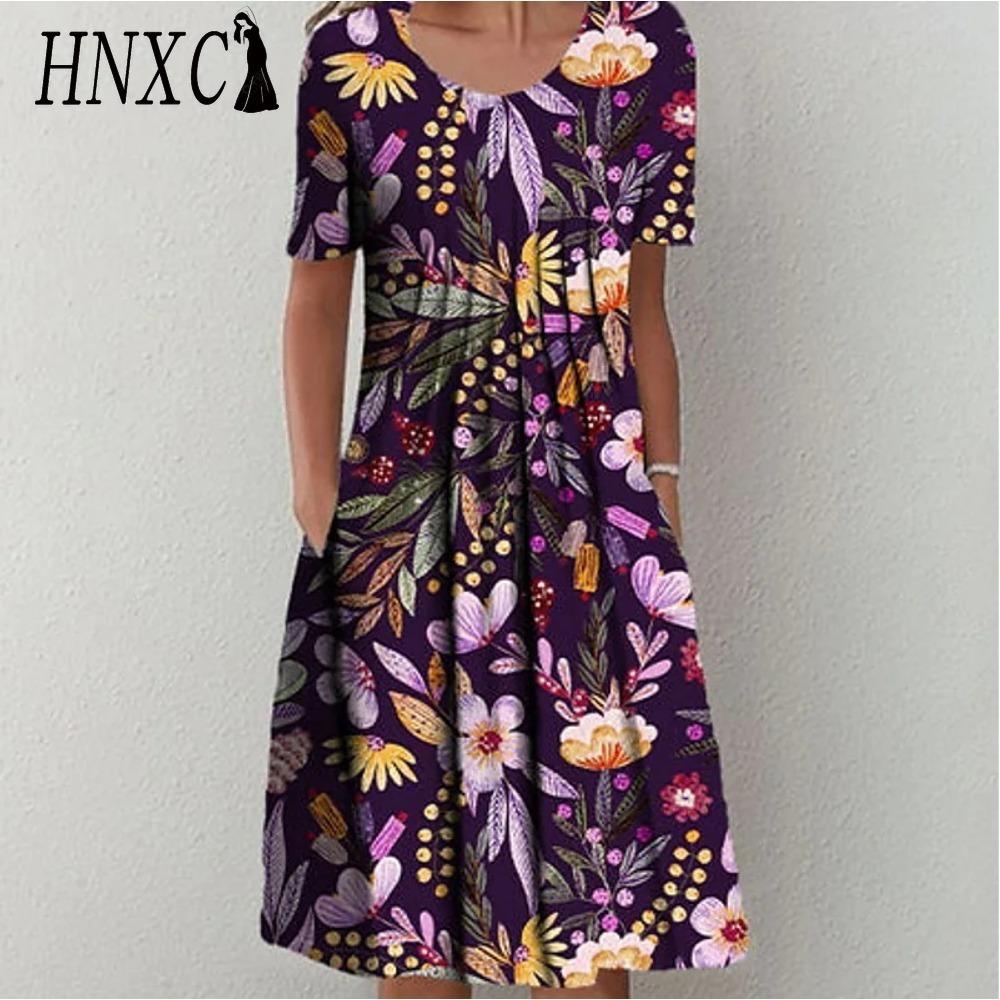 HNXC 30 Color Pleated Midi Dress Short Sleeve Round Neck Loose Hem Mid-Calf Length Women Floral A-Line Party Dress Casual Wear