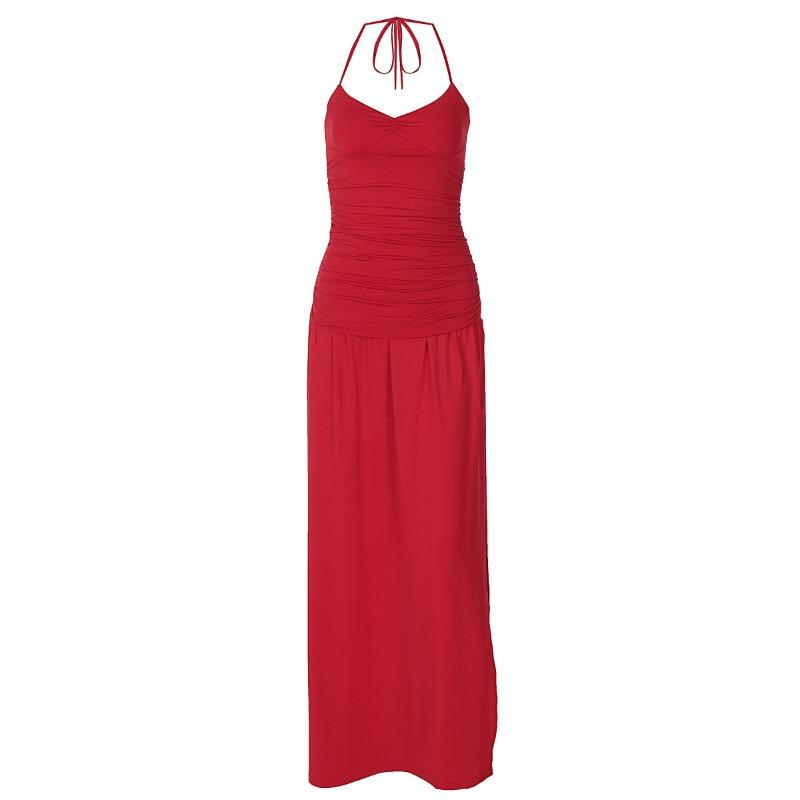 Women's Sexy Fashion Pleated Hanging Neck Temperament Royal Sister Wind Waist Slit Dress