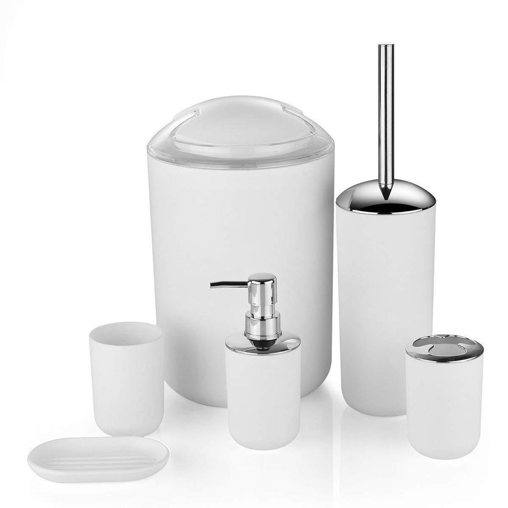 6-Piece Bathroom Set: Trash Can, Toilet Brush, Lotion Bottle, Toothbrush Holder, Soap Dish, and Countertop Decor.