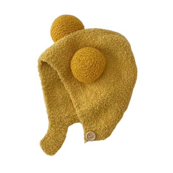 Children Hat with Bear Ear Design Solid Color Button Closure Elastic Breathable Winter Cap Cold Weather Accessory