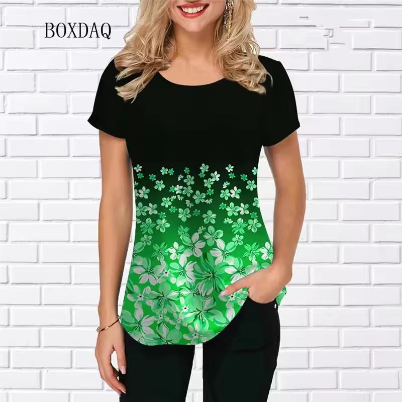 Květinová dámská trička Letní krátký rukáv Kulatý výstřih Ležérní dámské tričko Květinový 3D potisk Streetwear Dámské topy Trička Oversized