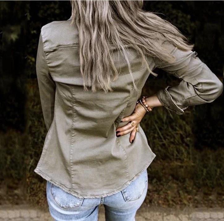 Autumn Women's Denim Jacket Slim Tooling Button Pocket Lapel Jacket Long Sleeve Jeans Jacket