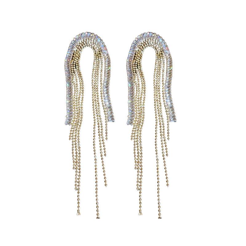 S925 Silver Needle Rhinestone Tassel Earrings - Exquisite Long Claw Chain with Colored Diamonds, European & American Style