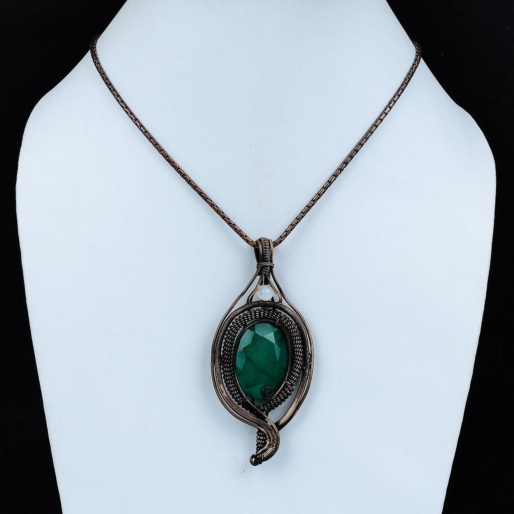 Emerald, Moonstone Gemstone Pure Copper Wire Wrapped Designer Handmade Pendant Jewelry Gift For Her