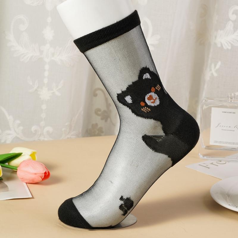 3/5 Pairs Cartoon Bear Sheer Mesh Socks for Women Breathable Transparent Ankle Socks Thin Summer Socks Cute Animal Pattern Socks