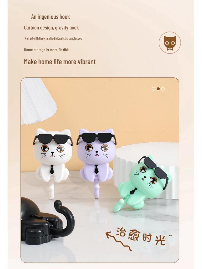Rotating Black Cat Adhesive Wall Hook for Coats, Keys, and Hats - No-Drill Installation