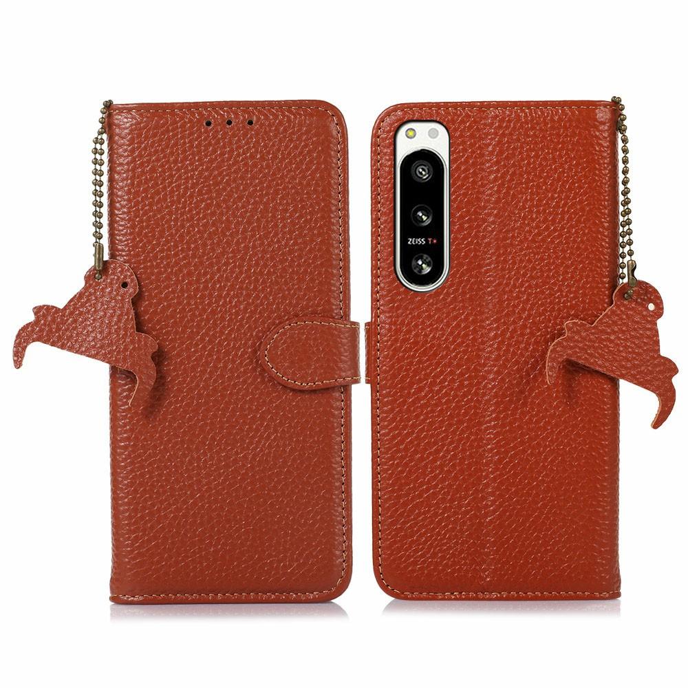 For Sony Xperia 5 IV 5G Case RFID Blocking Genuine Cow Leather Phone Cover Litchi Texture