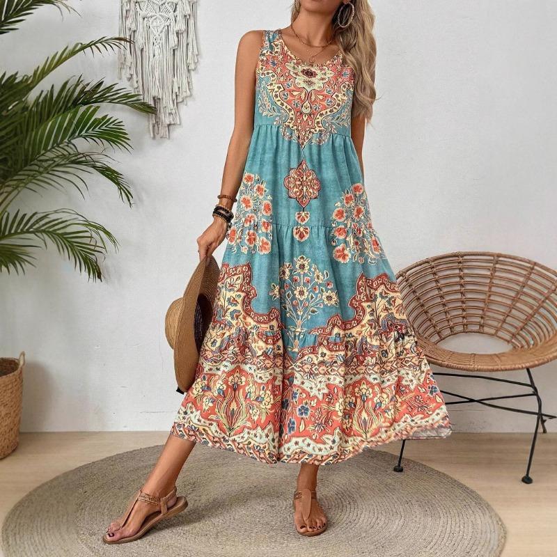 Printed Sleeveless V-neck Vest Dress Fashion Vacation Loose A-line Vintage Bohe Dress for Women O Neck Summer Elegant Fashion Casual Simple Clothing