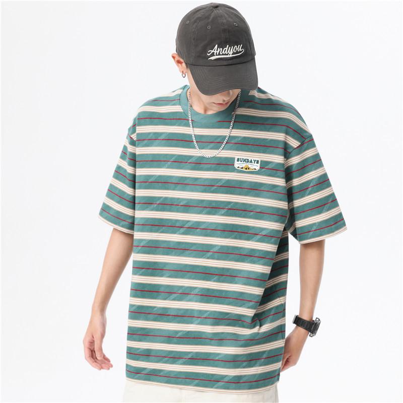 Men's Loose Fit Striped Cotton Crew Neck T-Shirt with Embroidery