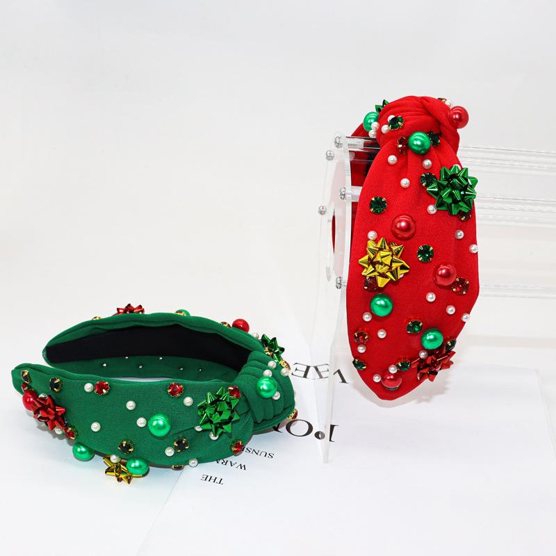 European & American Christmas Pearl Flower Headband - Red & Green Trendy Accessory for Women