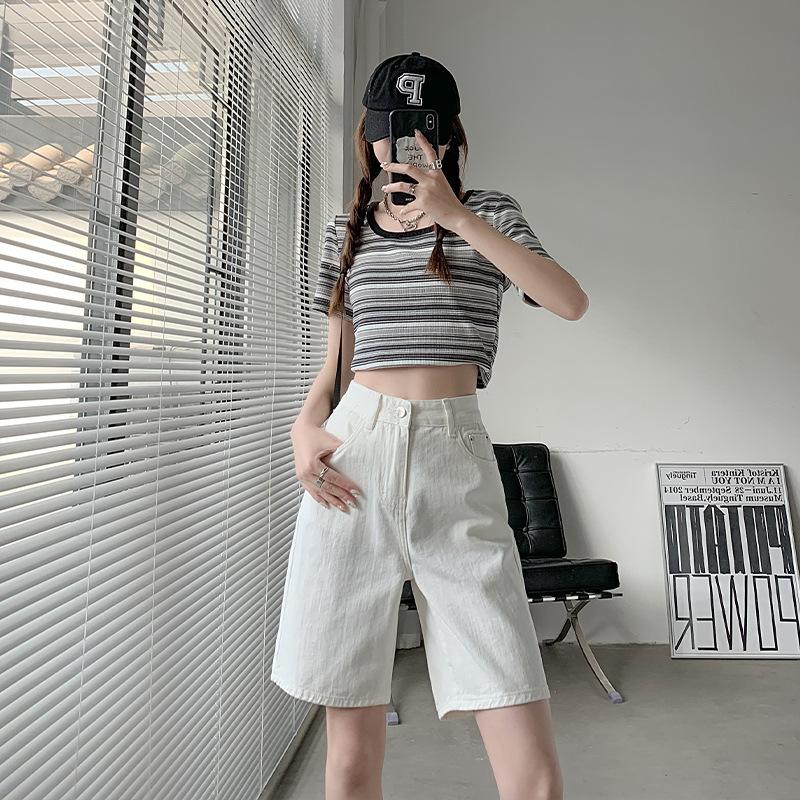 Retro Wide-leg Denim Five-point Pants Women's Summer Thin Section High Waist Loose and Thin Fashion All-match Straight-leg Pants