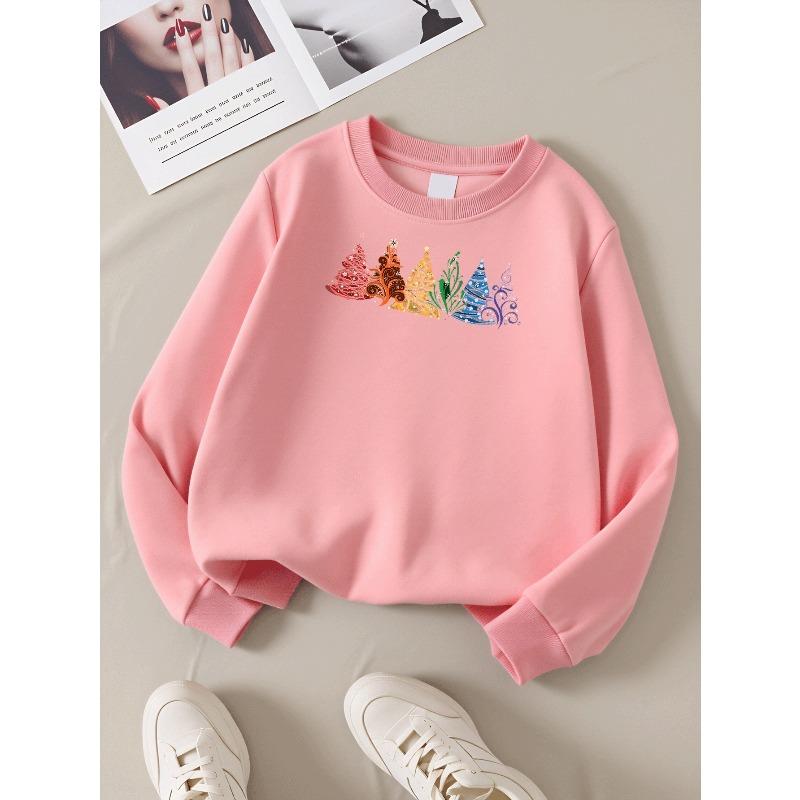 Colorful Christmas Trees Pattern 2026 New Girls' Long-sleeve Casual Crewneck Sweatshirt, Suitable for Outdoor Sports