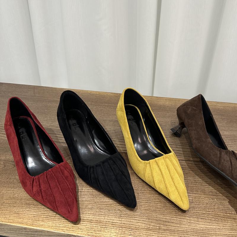 Fashion SUOJIALUN 2025 Autumn Women Pumps Shoes Fashion Pleated Shallow Slip On Single Shoes Pointed Toe Med Heel Dress Pumps Shoes