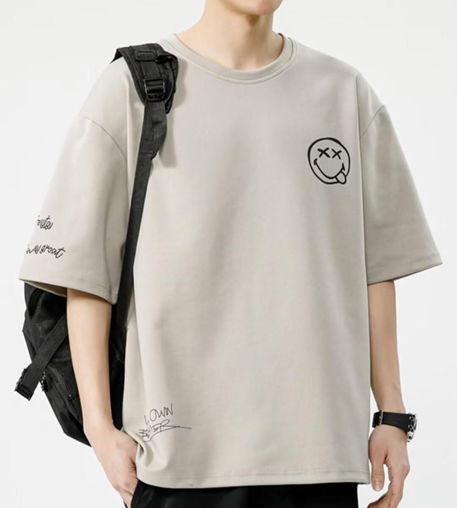 [Bligo] Men's 5/8 Sleeve T-Shirt, Plus Sizes, Round Neck, Smiley Logo, Relaxed Fit, Plain, Spring/Autumn, Casual, Short Sleeve T-Shirt, Stylish, Simpl