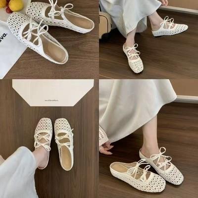 Women Slippers 2025 Summer New French Braided Hollow Bow Mary Jane Single Shoes with Inner Height Increase Baotou Half Slippers